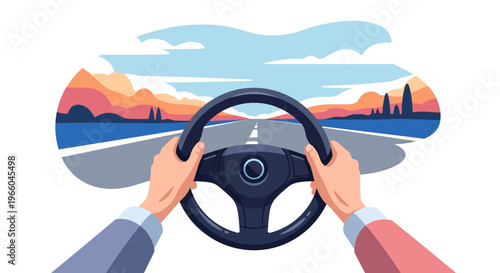 Driving adventure on open road with stunning sunset horizon