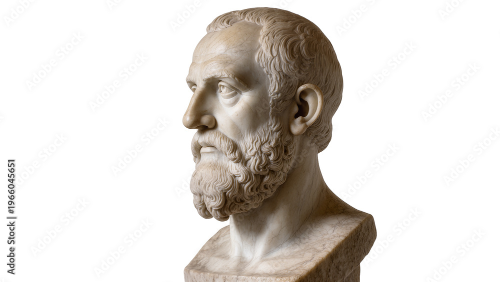 Obraz premium Bearded classical marble bust of a man in profile view, isolated on transparent background