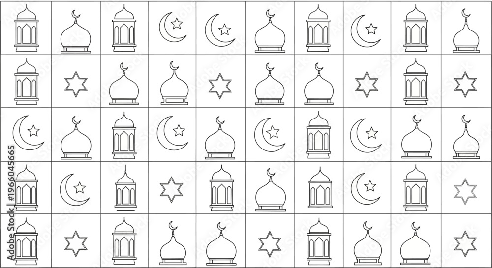 Obraz premium Linear islamic and jewish religious symbols pattern in seamless grid