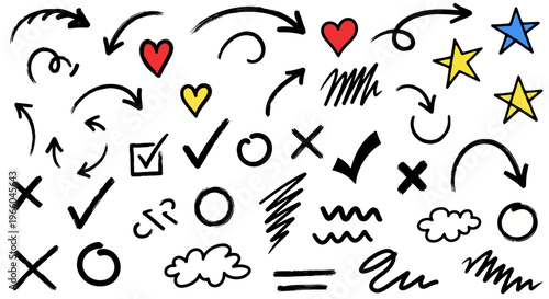 Hand drawn doodle set with arrows, hearts, stars, and symbols