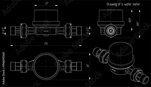 Vector water meter. Engineering mechanical 
educational drawing of measuring water supply device with dimension line. Industrial design 
on  paper sheet. Technology hand drawn schematic diagram.