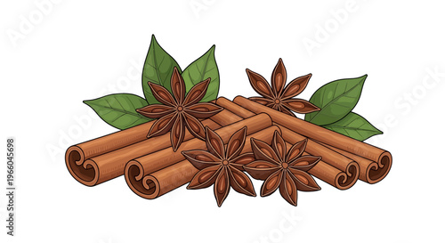 Aromatic spices: cinnamon sticks and star anise with green leaves