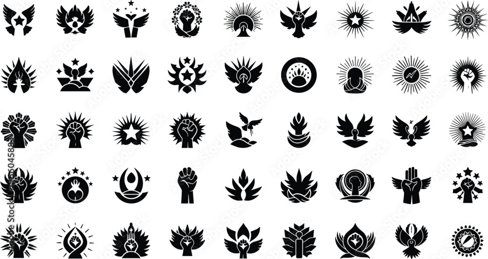 Obraz premium Collection of black and white symbolic logos with fists, Wings, Stars, And suns on white background