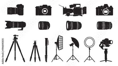 Camera equipment icons, photography tools, vector graphics, black silhouettes
