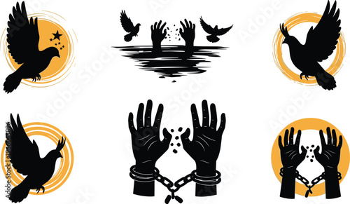 Black silhouettes of hands and birds on white background with orange accents
