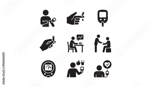 Diabetes management & blood sugar testing icons - glucose monitoring kit