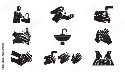 Hand washing & hygiene icons set - sanitation and germ prevention