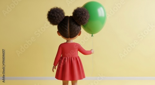 Little girl holding green balloon toy.