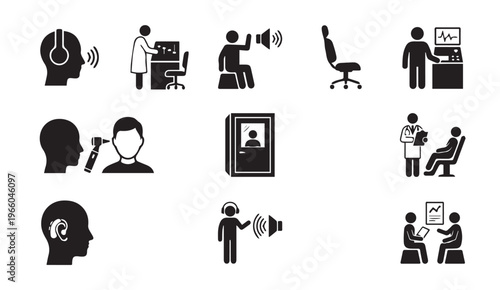 Hearing test and audiology icons set for medical examination and ear health