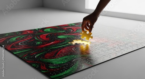 Hand lighting a puzzle piece on floor.