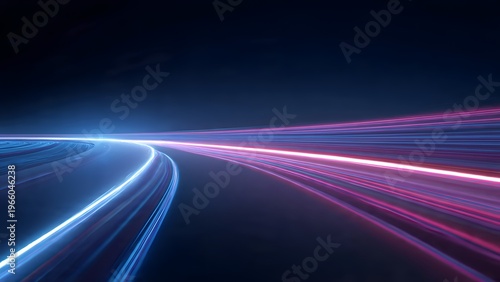 Lines of neon violet light on a dark urban highway. Trails of movement ripple across the road, fluid and energetic. Night traffic.