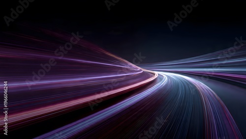 Lines of neon violet light on a dark urban highway. Trails of movement ripple across the road, fluid and energetic. Night traffic.