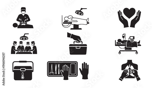 Medical surgery icons set: doctor, patient, equipment, operation symbols