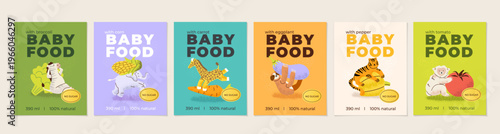 Baby food packaging design templates with cute animals and vegetables. Colorful label collection featuring natural organic ingredients for kids nutrition. Perfect for baby products branding, food pack