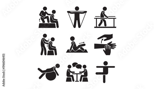 Rehabilitation and sports injury recovery icons: exercise, physiotherapy symbols