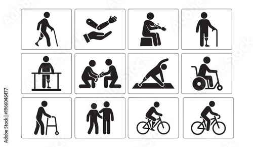 Assisted mobility and disability icons: wheelchair, walker, prosthetics symbols