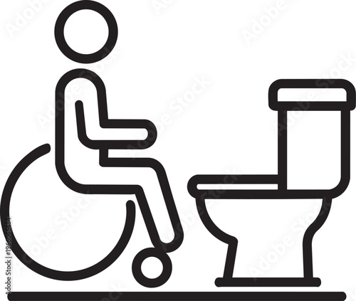 Wheelchair user in accessible public restroom toilet facility representing inclusive building architecture and hygiene vector line icon