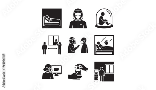 Covid-19 prevention and healthcare icons set: isolation and safety pictograms