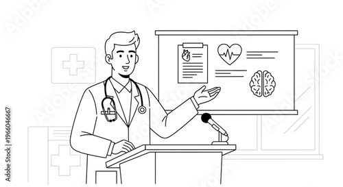 Doctor presenting medical information on a screen with brain, heartbeat, and document graphics