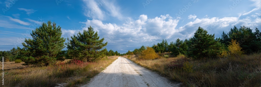 Fototapeta premium Dirt road through sparse pine and heathland under a vast blue sky with wispy clouds panoramic late summer landscape