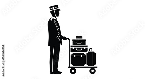A bellhop stands with stacked luggage on a cart depicted in a striking black silhouette high quality professional detailed modern elegant