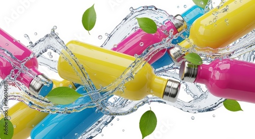 Colorful toothbrushes in water splash.