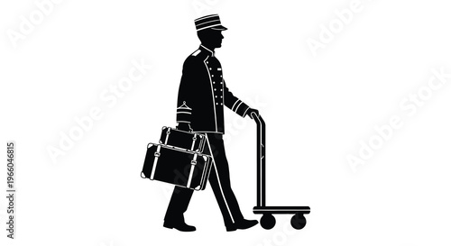 A bellhop carrying luggage with a classic uniform is depicted in a striking black silhouette high quality professional detailed modern elegant