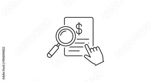 Magnifying glass over document with dollar sign and hand pointing, financial analysis icon