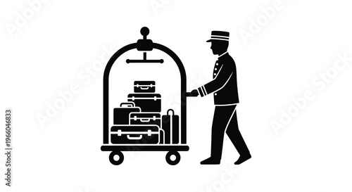 A black silhouette of a hotel bellhop pushing a luggage cart filled with bags and travel items silhouette high quality professional