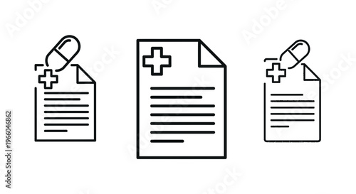 Medical Document Icons: Prescription, Health Record, Pill, Cross Symbol