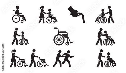 People with wheelchairs: diverse disability assistance and support icons