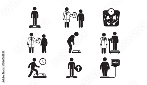 Weight management medical icons: obesity health and exercise pictograms
