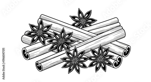 Detailed drawing of cinnamon sticks and star anise arrangement