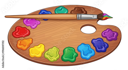 Colorful artist palette with wooden structure and brush