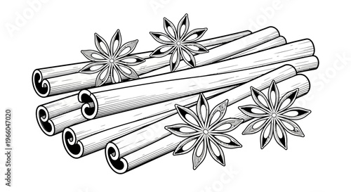 Hand-drawn cinnamon sticks and star anise in black and white