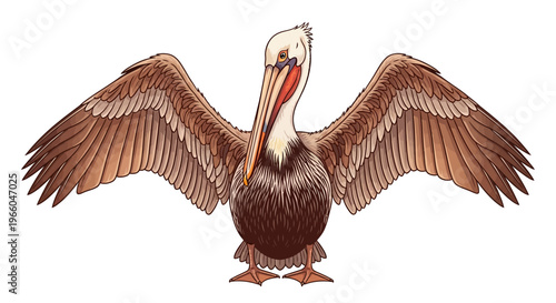 Detailed pelican with outstretched wings on white background