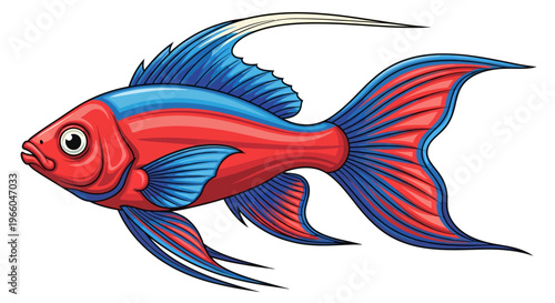 Colorful cartoon fish with blue and red fins swimming gracefully
