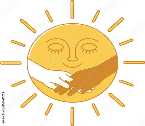 A whimsical depiction of a smiling sun with a partial eclipse or shadowed face Vector