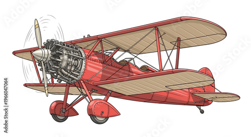 Red vintage biplane with detailed engine in side view on white background