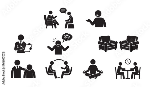Therapy and counseling icons: mental health, support, and discussion