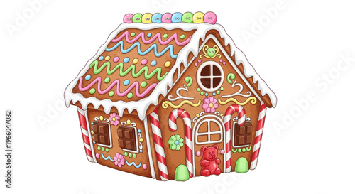 Festive gingerbread house with candy accents and colorful icing details