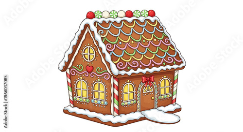 Festive gingerbread house with decorative icing and candy roof