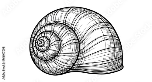 Intricate snail shell drawing with detailed spiral design on white background