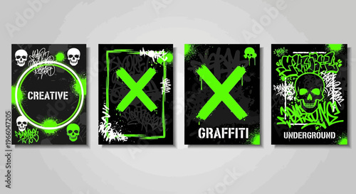 Urban graffiti art posters with neon green elements and skulls