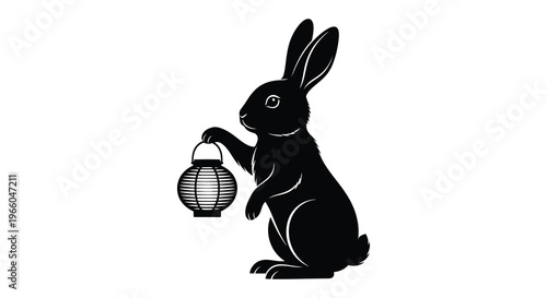 A black rabbit stands upright delicately holding a traditional paper lantern creating a striking silhouette high quality professional detailed modern elegant
