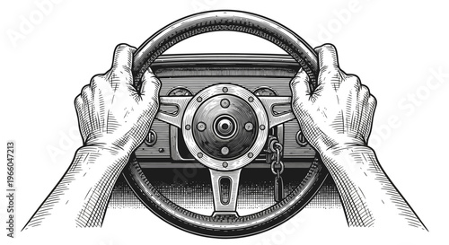 Vintage steering wheel with hands in detailed retro engraving style