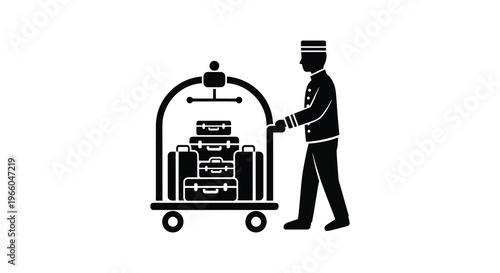 A vintage bellhop stands with a luggage cart showcasing classic hospitality service in a striking silhouette high quality professional detailed modern