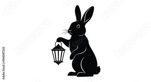 A black rabbit is depicted holding a lit lantern showcasing a striking and elegant silhouette high quality professional detailed modern stylish