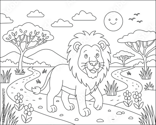 Cute Lion Coloring Page in Safari Landscape with Trees, River and Mountains – Kids Line Art Illustration