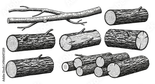 Intricate wood log and branch illustrations in black and white sketch style